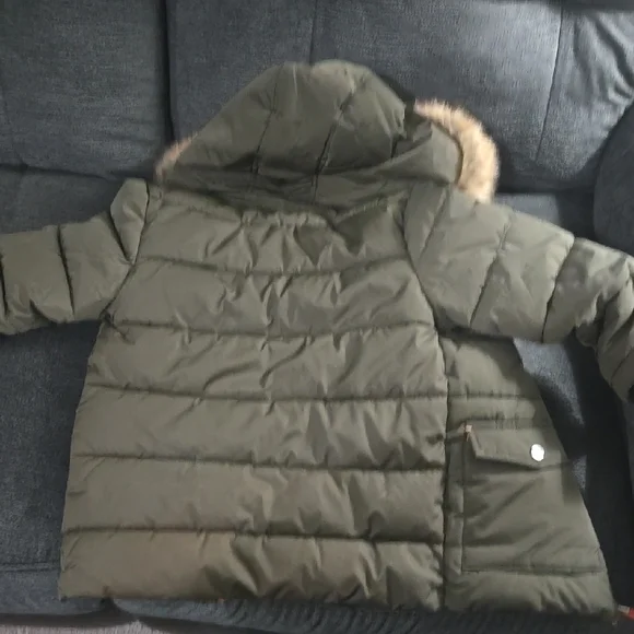 Toddler Olive Green Puffer Jacket with Orange Lining - Picture 3 of 3
